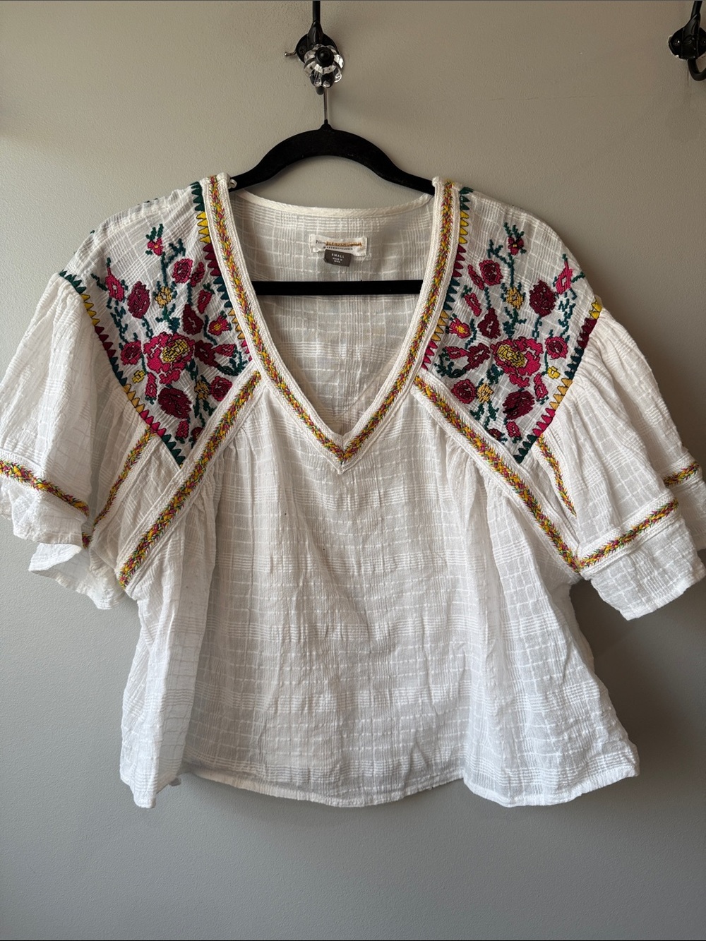 Pilcro and the Letterpress White Peasant Blouse Pink Floral Embroidery cotton